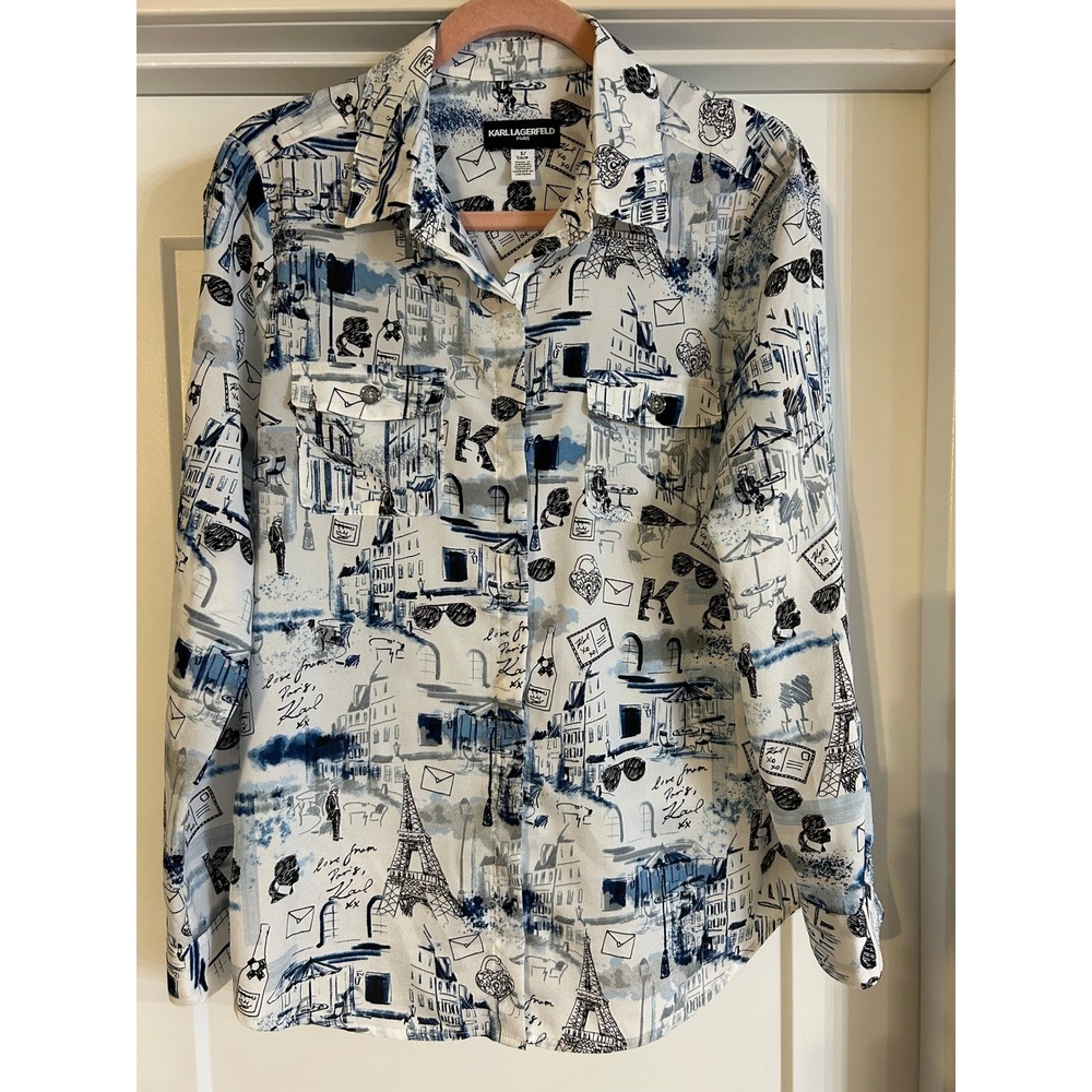 Karl Lagerfeld Paris Womens Long Sleeve Shirt White‎ Blue Paris Scene Small City